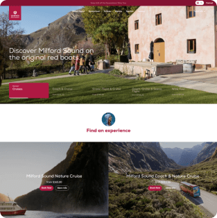 Website homepage featuring scenic Milford Sound with mountains, a rustic building, and tour boats, promoting nature cruises and experiences.