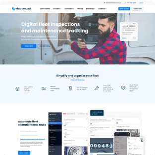 Screenshot of Whiparound website homepage showing digital fleet inspections and maintenance tracking with a man using a tablet and interface features.