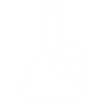 White laboratory flask icon with a checkmark symbol, representing approved or patented technology