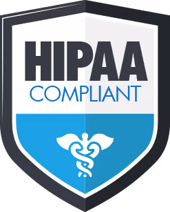 Shield emblem with text 'HIPAA COMPLIANT' and a medical caduceus symbol on a blue and white background.