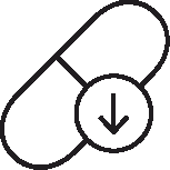 Black capsule icon with a downward arrow inside a blue-bordered box, representing reduced usage or dosage