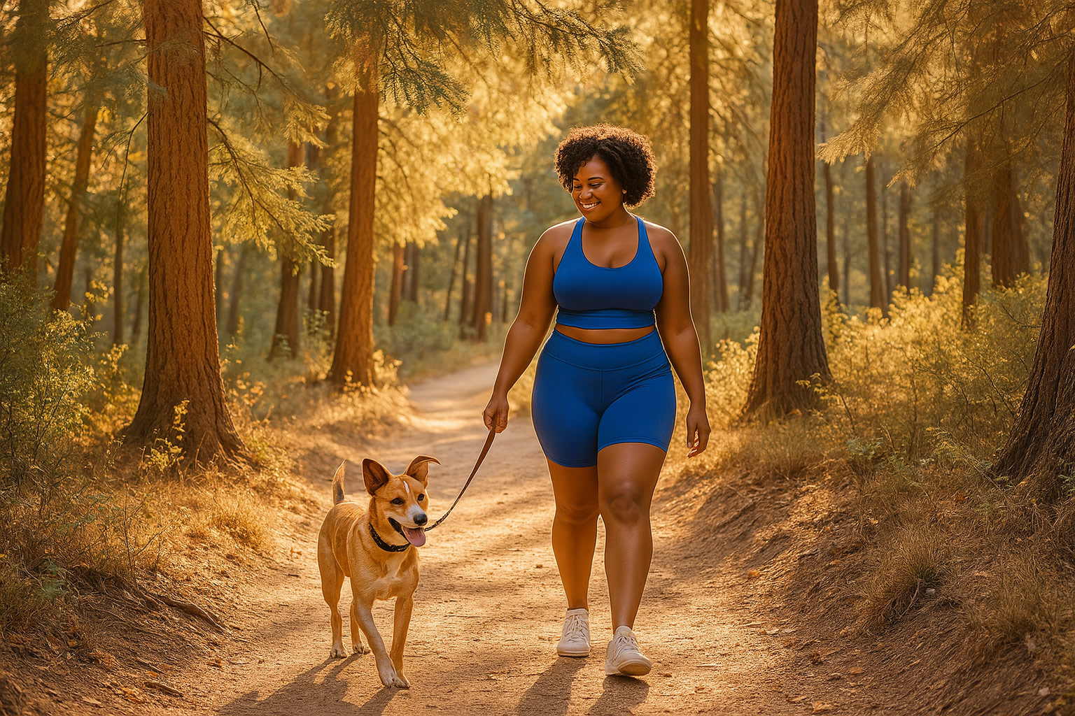 Smiling woman in blue athletic wear walking a happy dog on a forest trail bathed in golden sunlight.