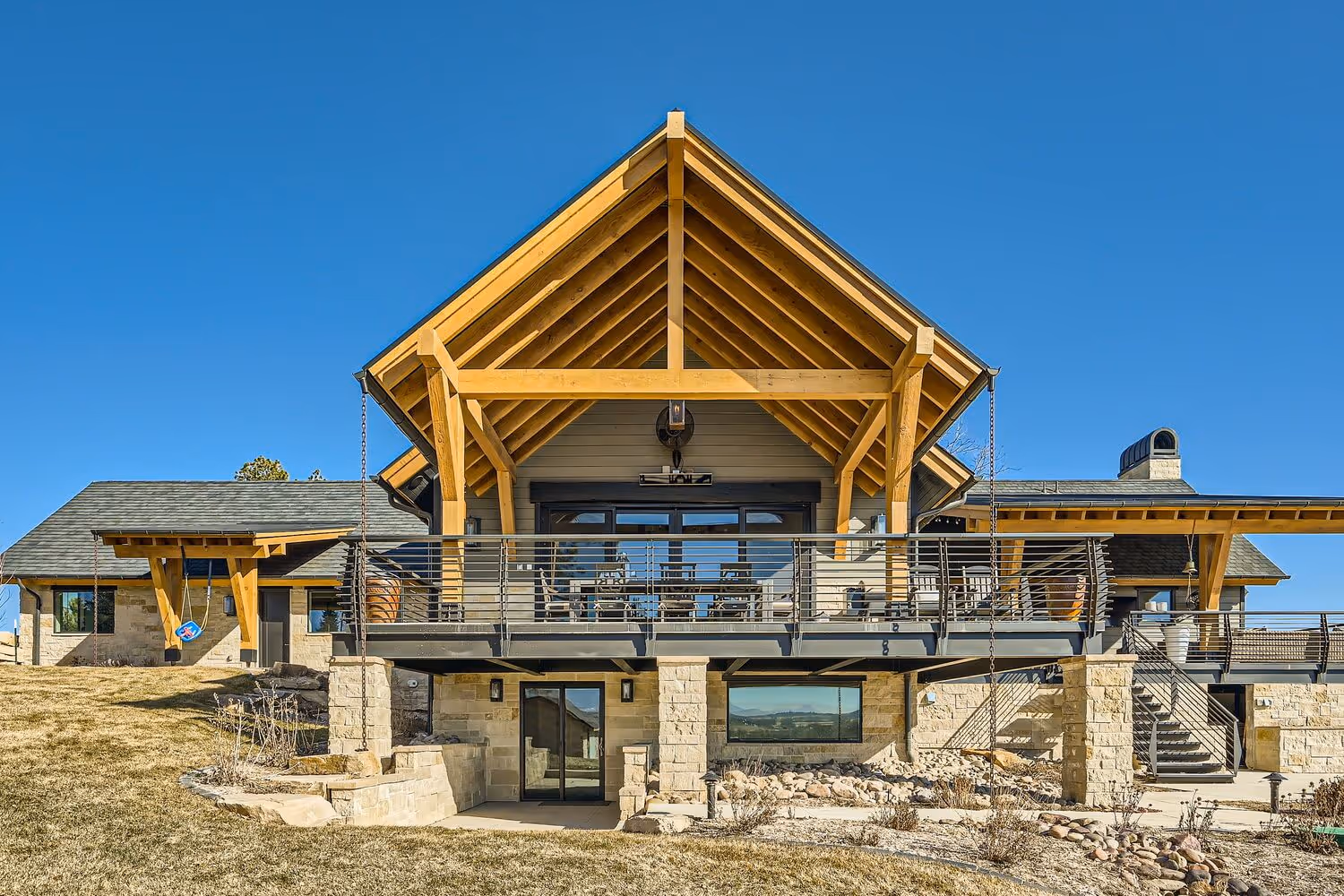 Timber framing by Flight Fabrication over a deck