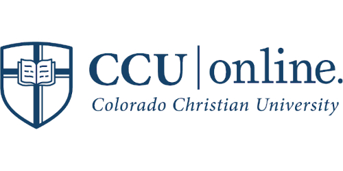 Colorado Christian University CCU Online logo with shield and book emblem.