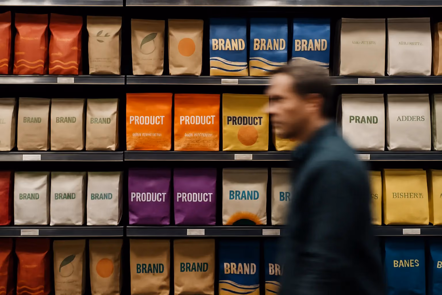 Product packaging designs on a retail shelf competing for shopper attention