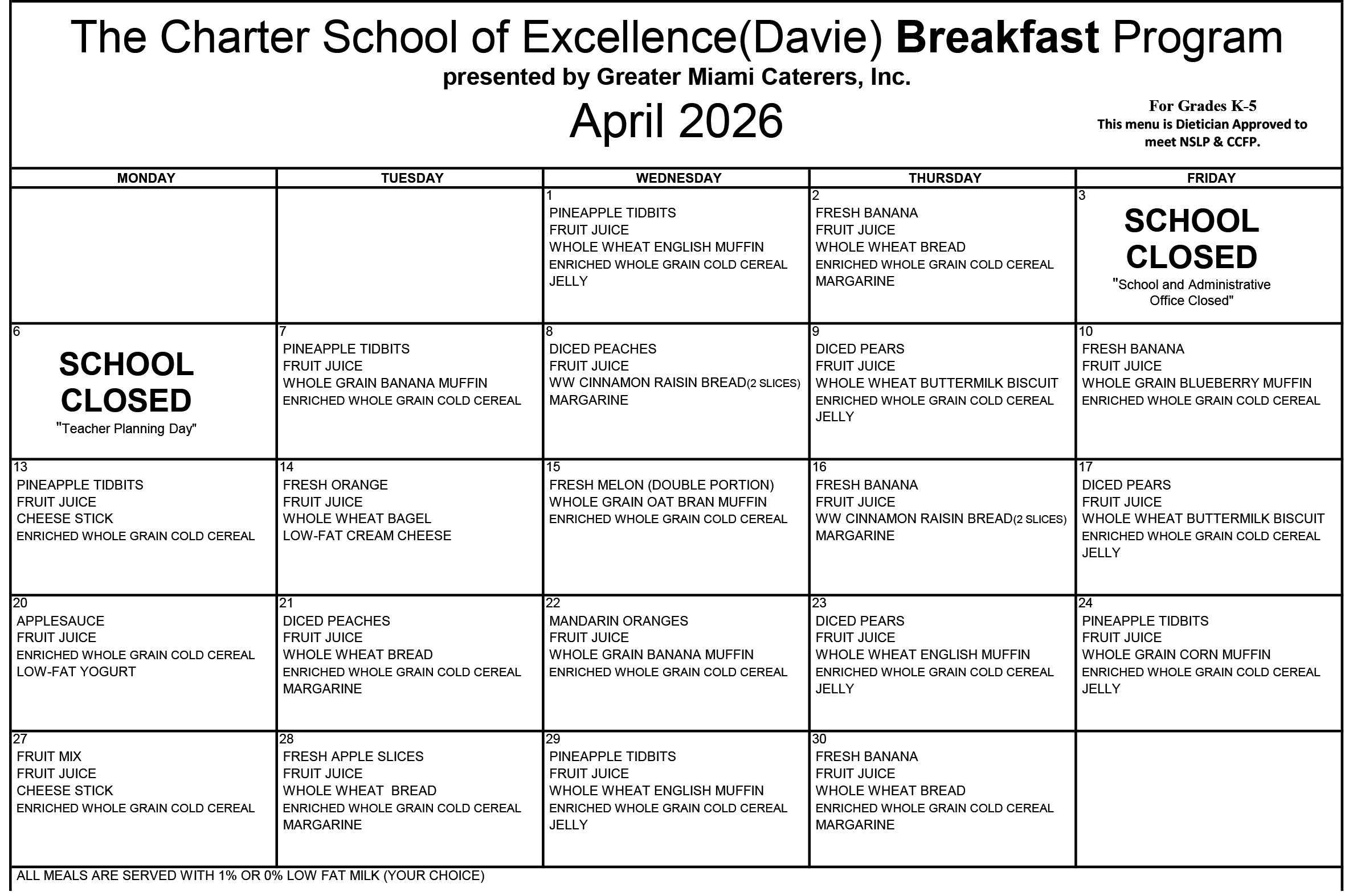 Charter School of Excellence breakfast menu for April 2026