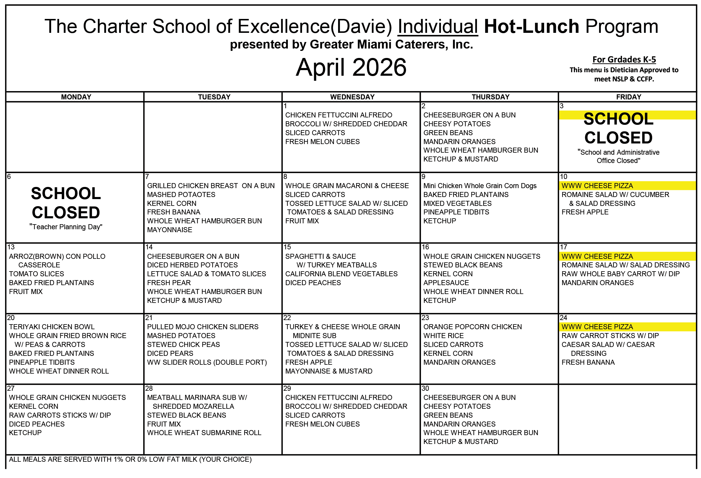 Charter School of Excellence lunch menu for April 2026