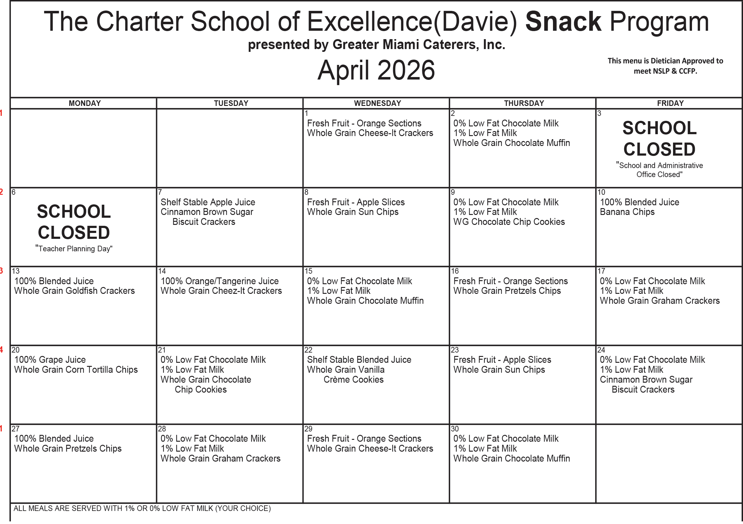 Charter School of Excellence snack menu for April 2026