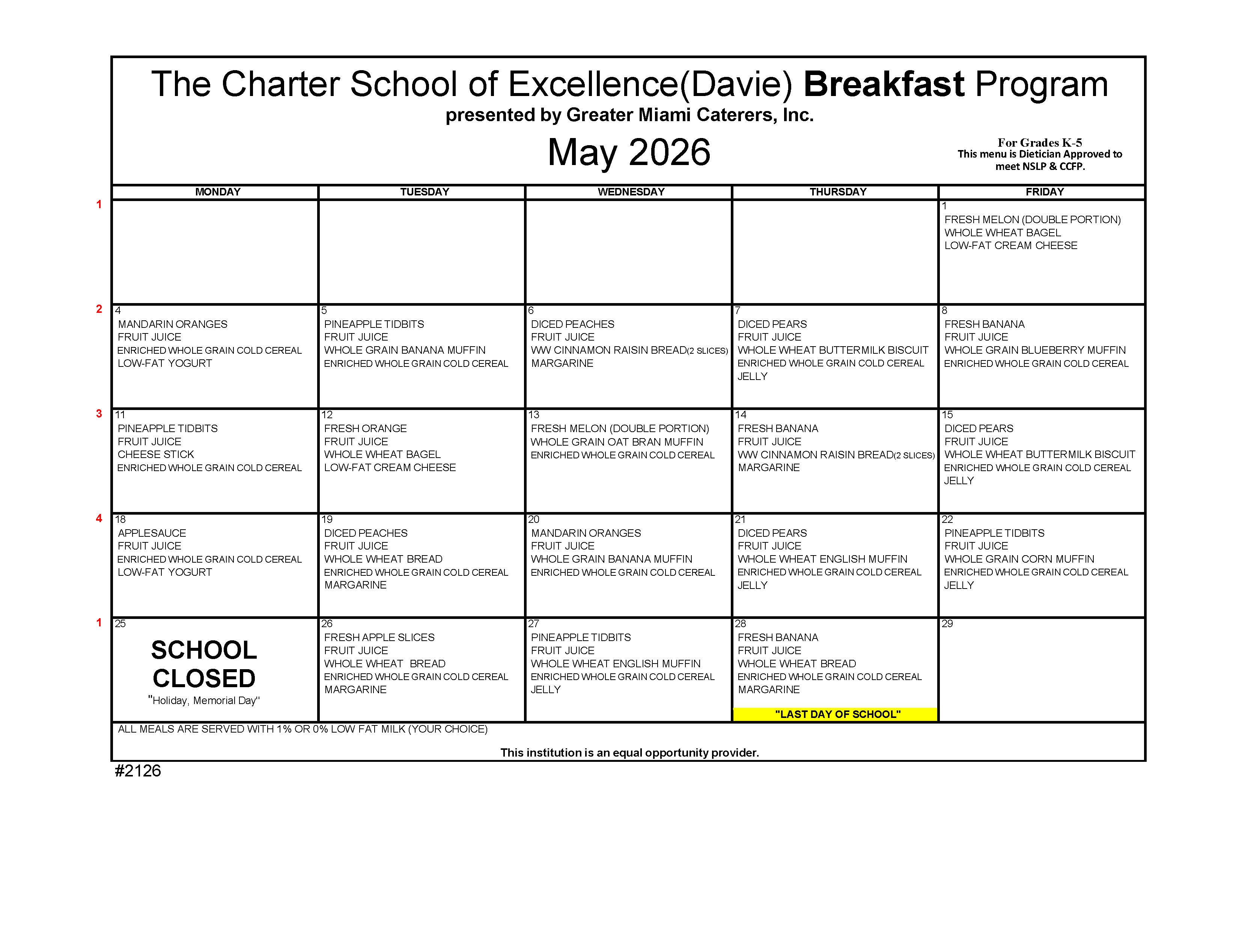 Charter School of Excellence breakfast menu for April 2026