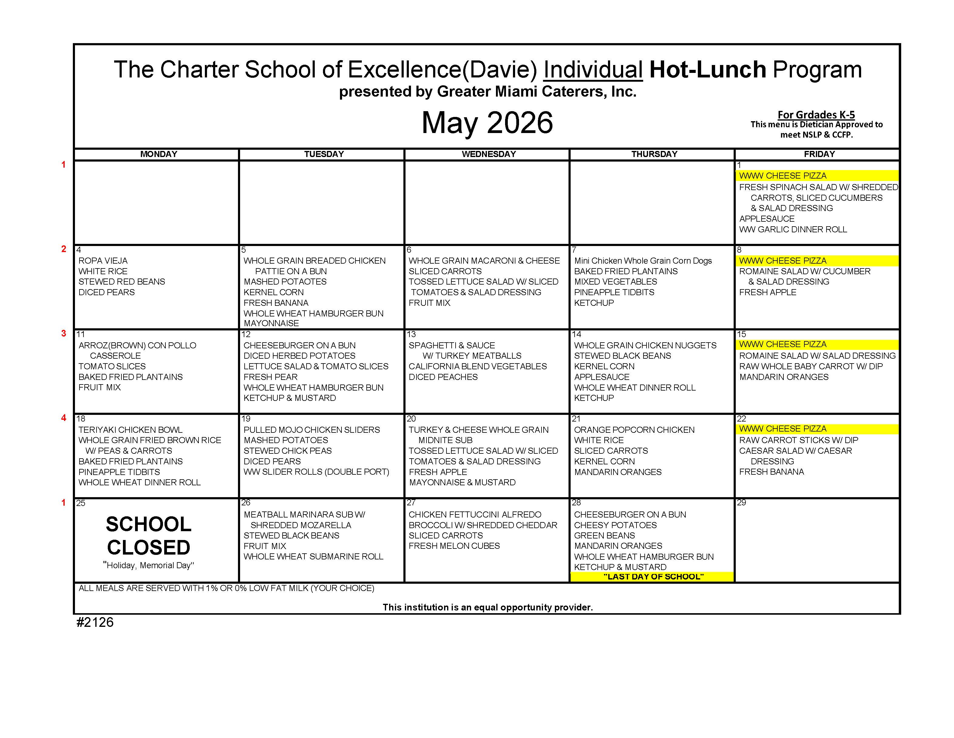 Charter School of Excellence lunch menu for April 2026