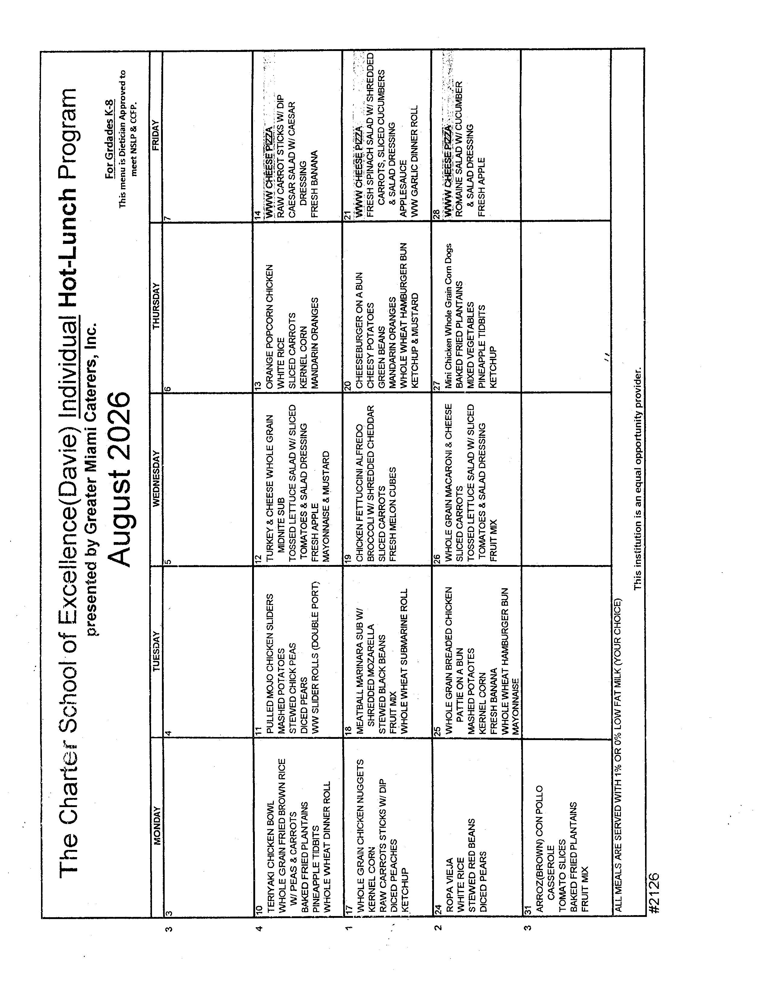 Charter School of Excellence breakfast menu for April 2026