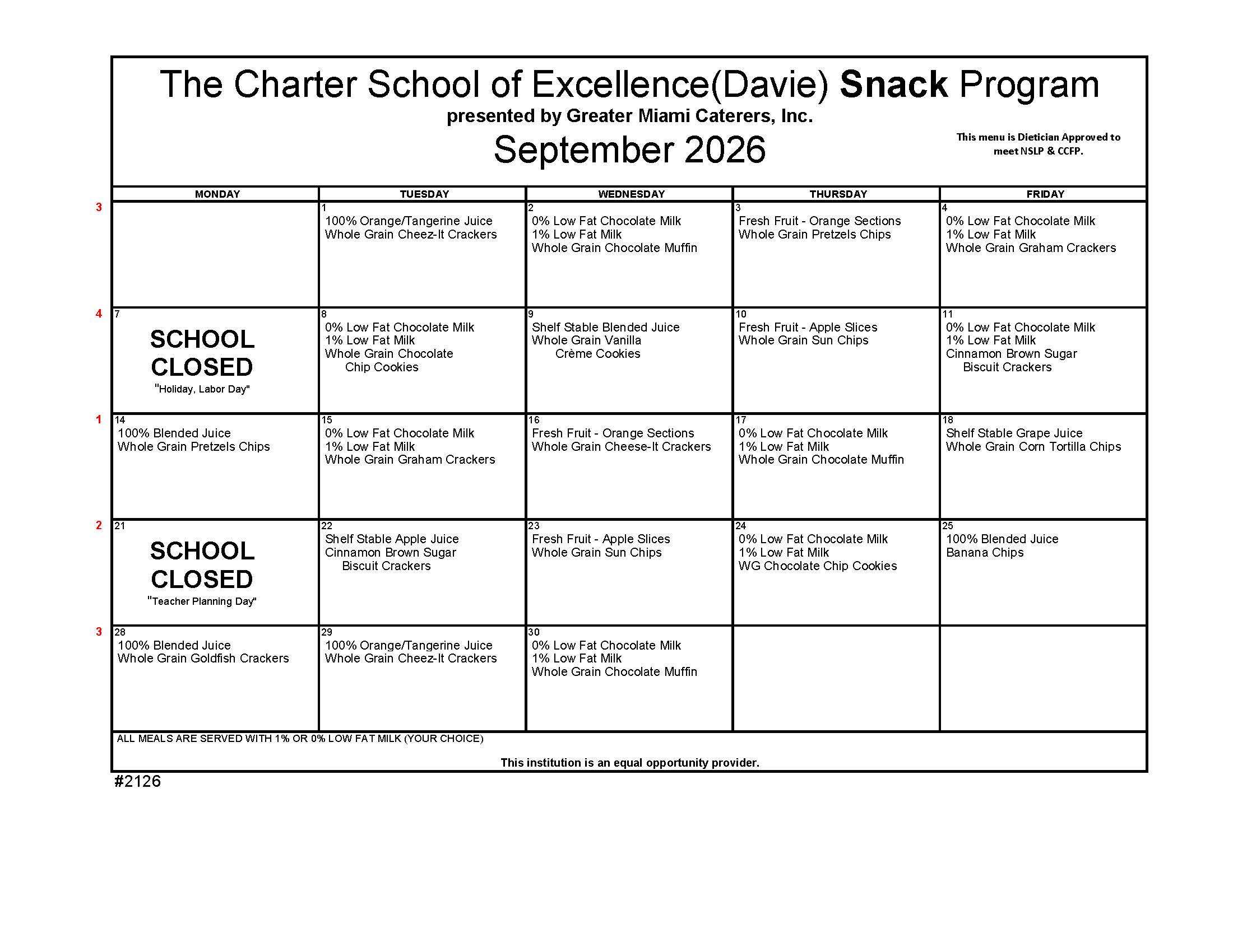 Charter School of Excellence snack menu for April 2026