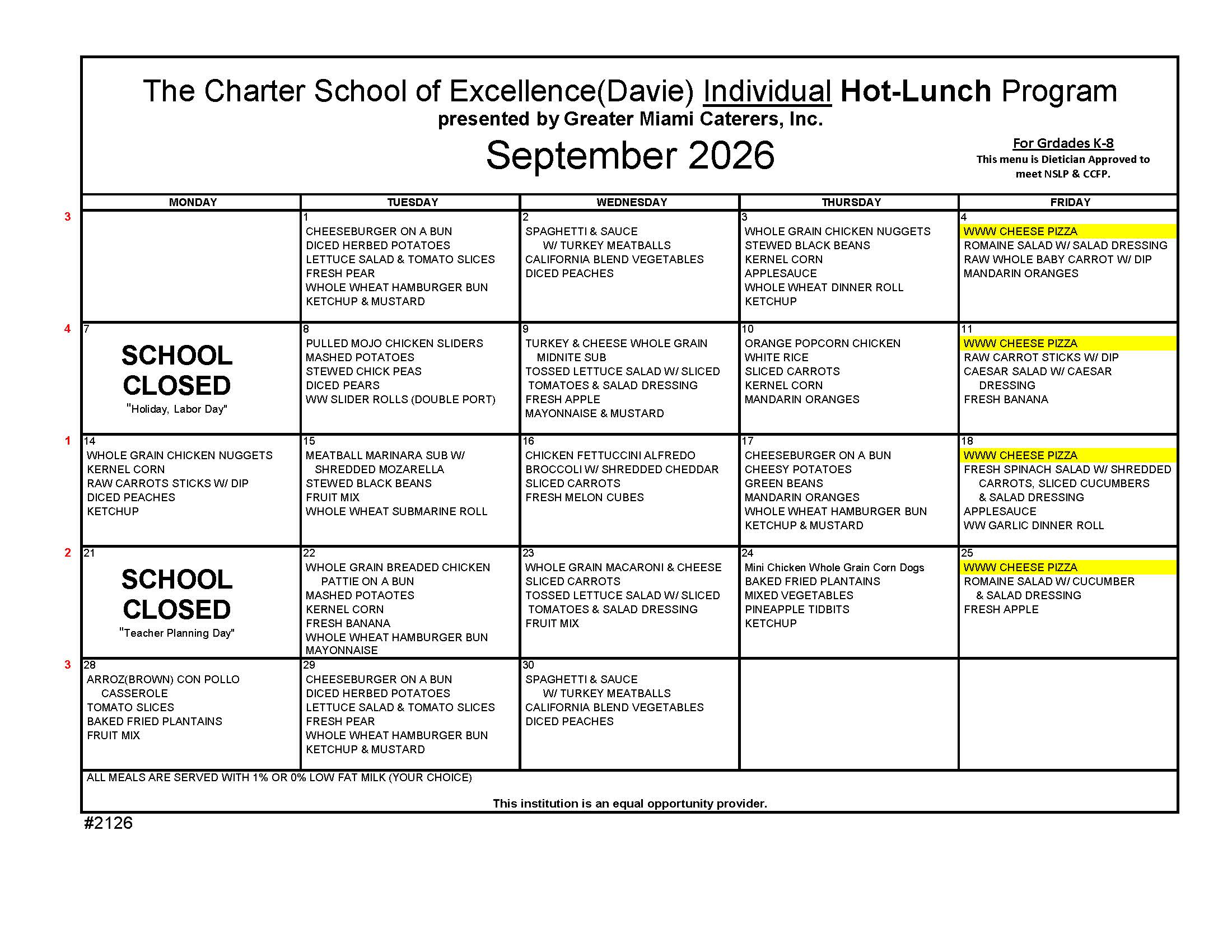 Charter School of Excellence lunch menu for April 2026
