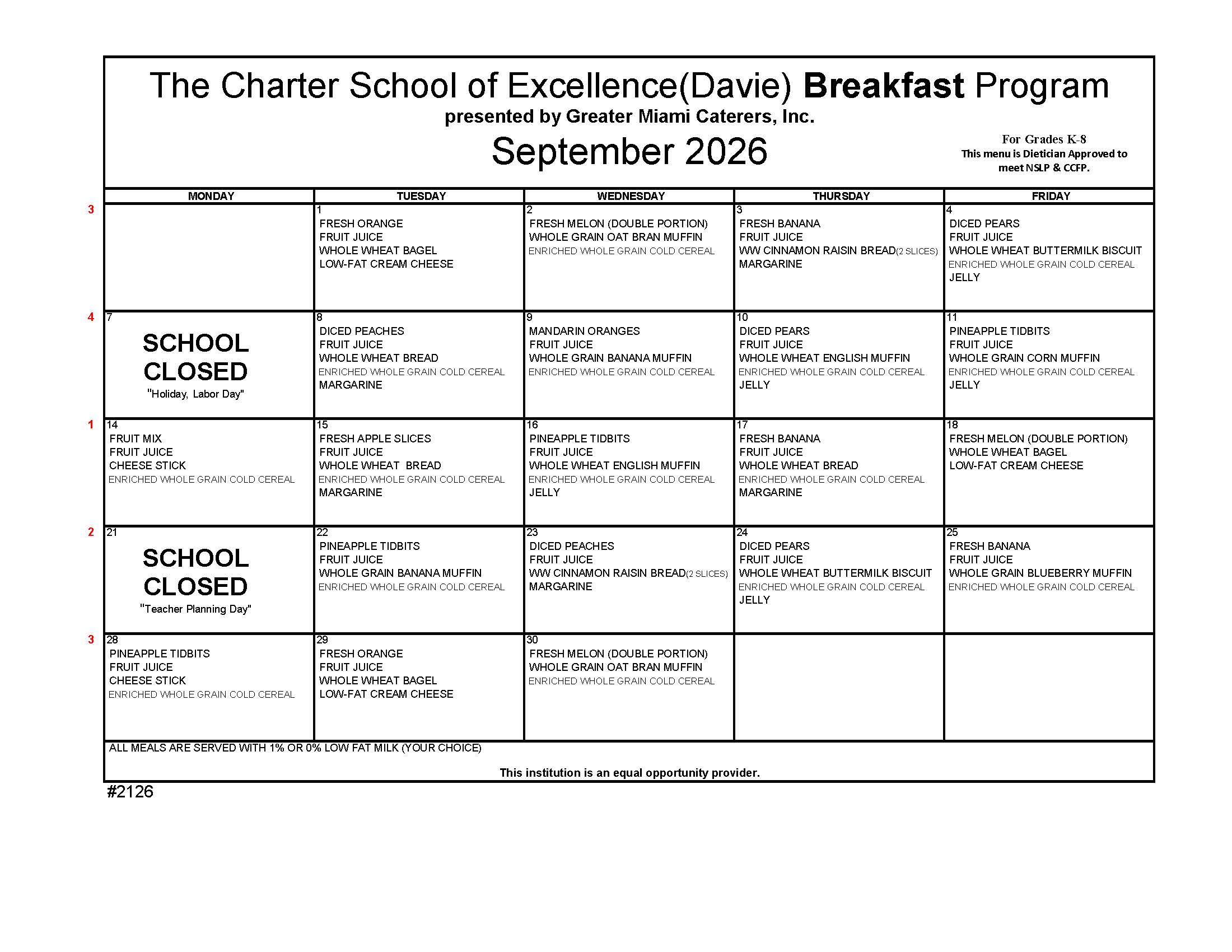 Charter School of Excellence breakfast menu for April 2026