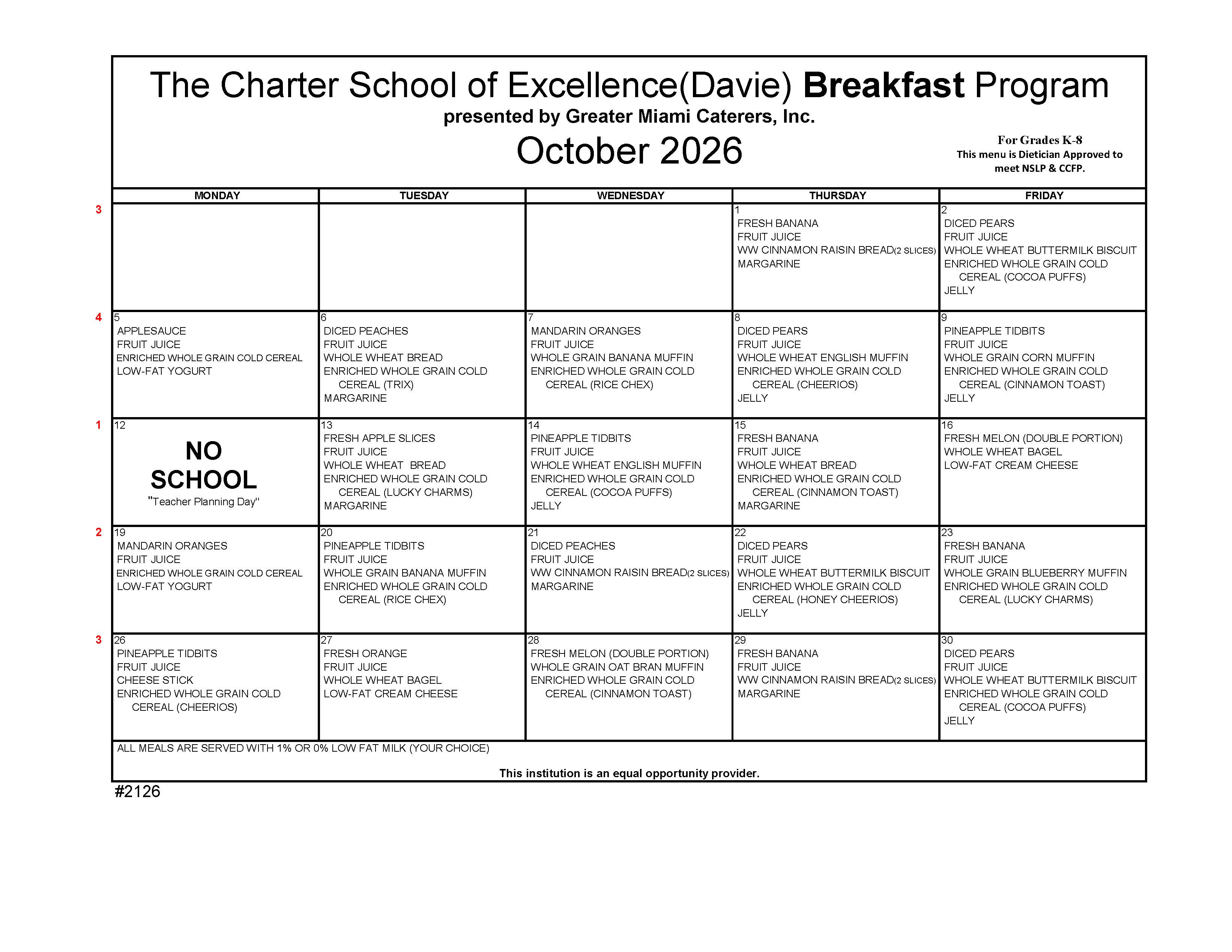 Charter School of Excellence breakfast menu for April 2026