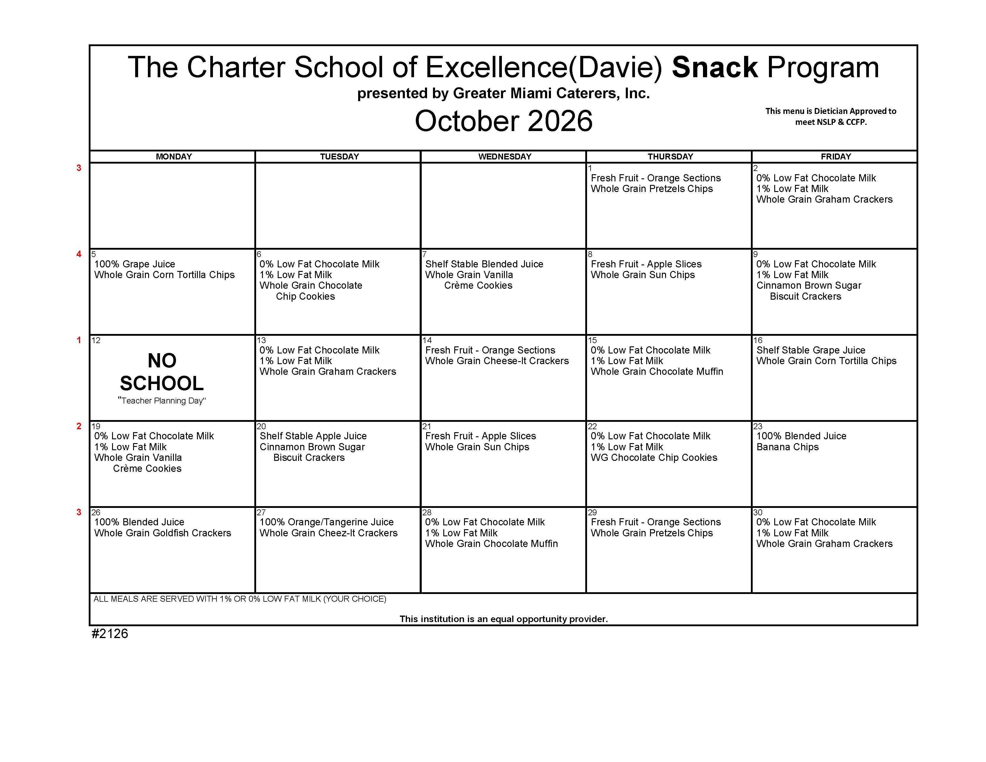 Charter School of Excellence snack menu for April 2026