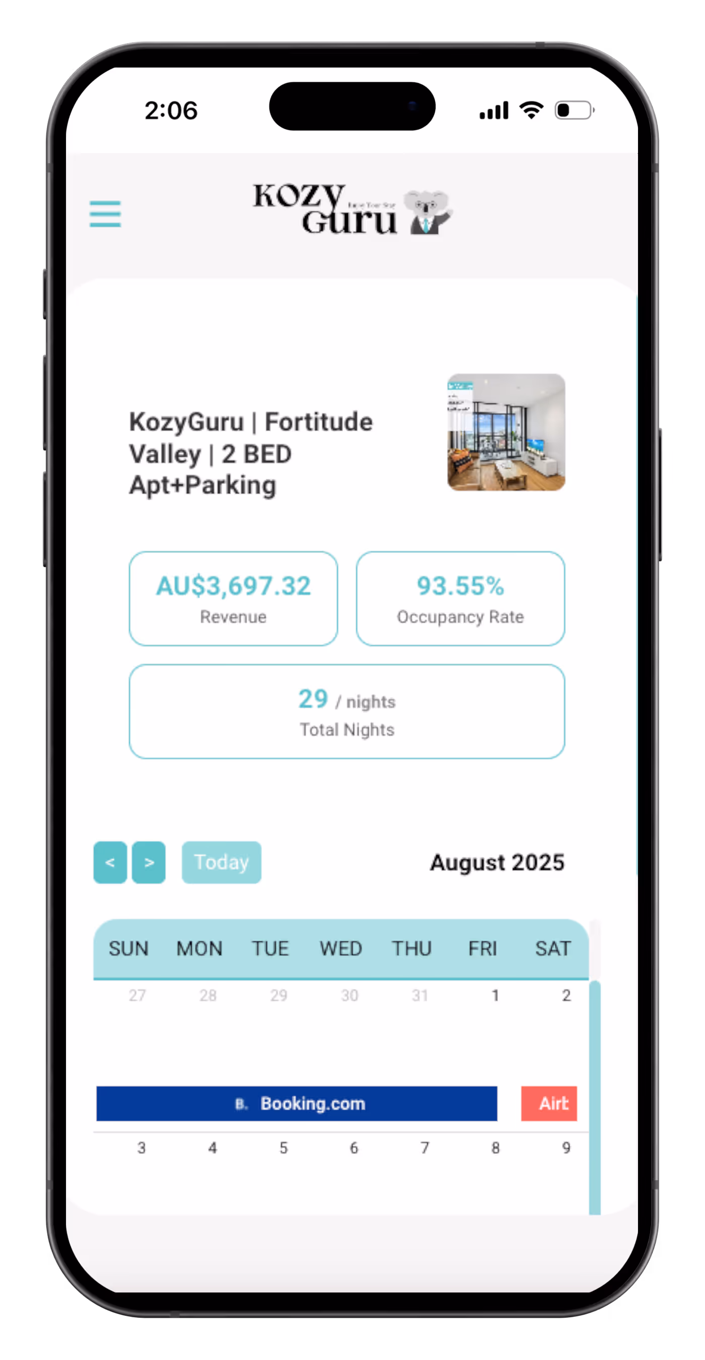 Kozyguru Owner's Dashboard offers real-time insights, showing key metrics like rental income, occupancy rates, guest numbers, and average length of stay from all platforms, such as Airbnb and Booking.com.