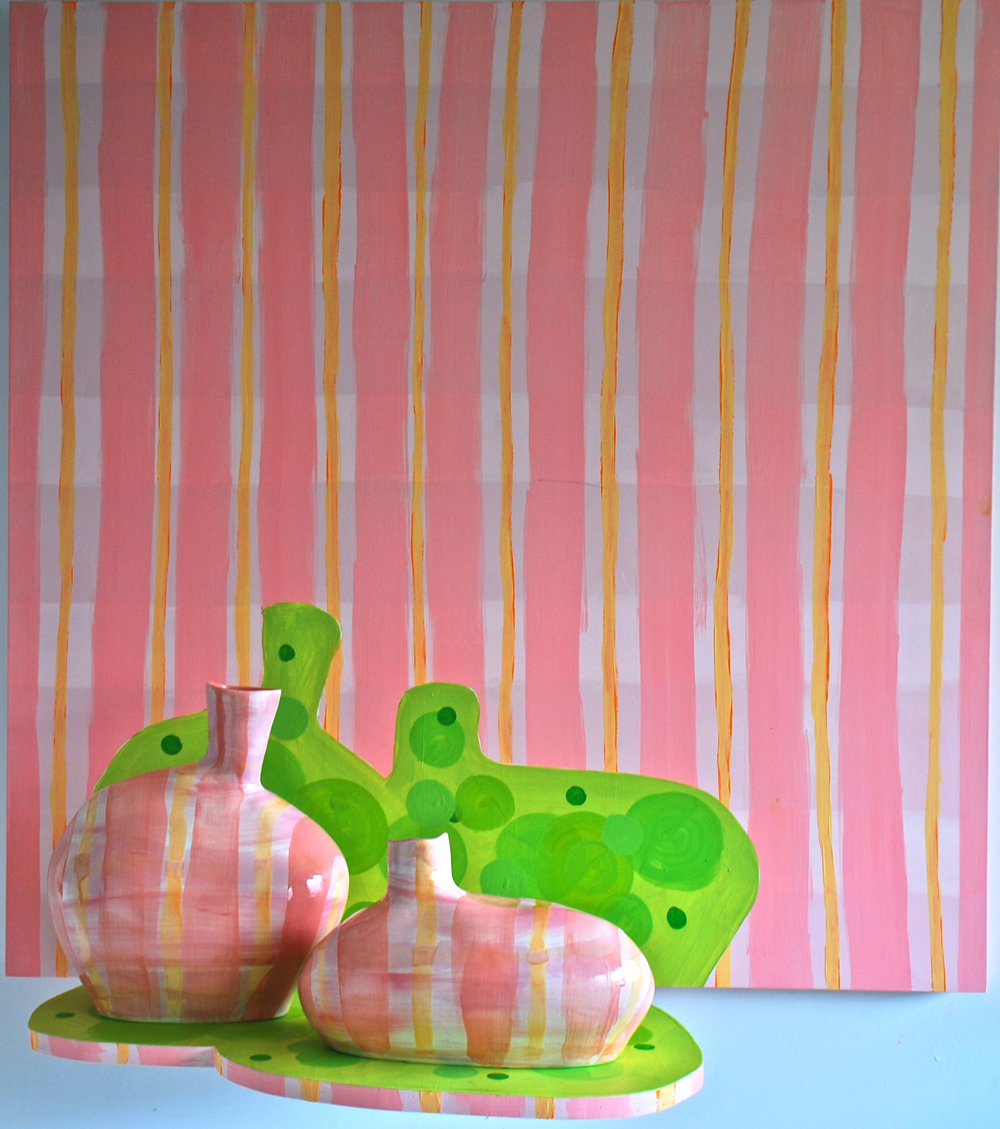 Pink Plaid Ovoids on Green Dot Silhouette by Mary Anne Davis, 2010, Acrylic, ceramic, wooden panel