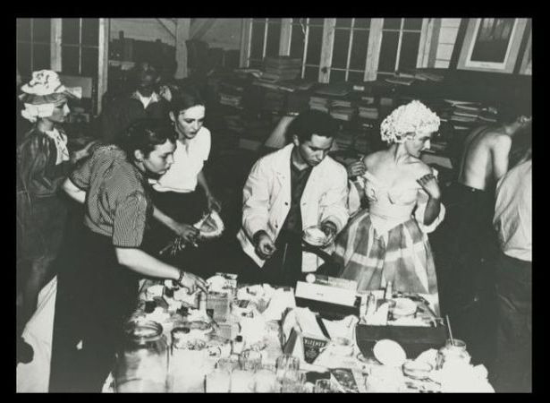 Black Mountain College, drama production, The Physician in Spite of Himself (Molière). Third from left: Betty Kelley, beside her, John Stix, behind her, Mendez Marks, 1941. Courtesy of Western Regional Archives, States Archives of North Carolina and E-Flux