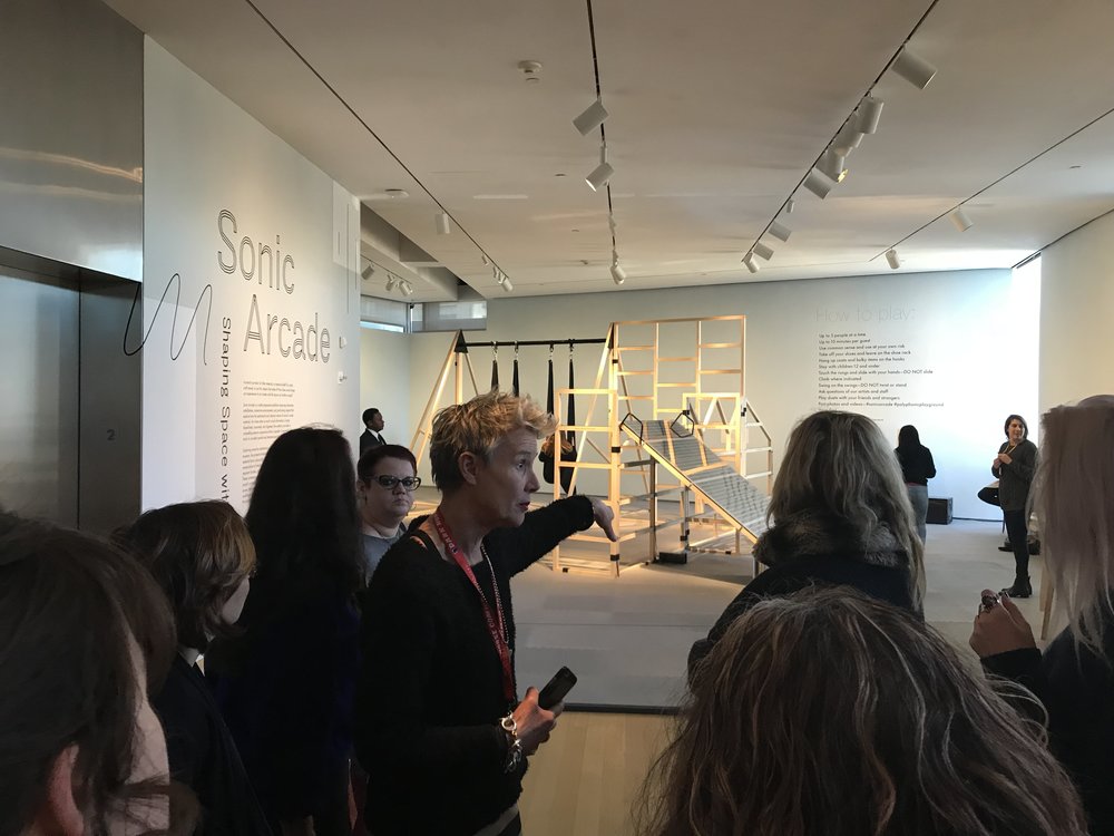 Gillie Holme leading IDSVA group into Sonic Arcade: Shaping Space with Sound, Photo by: Molly Davis.