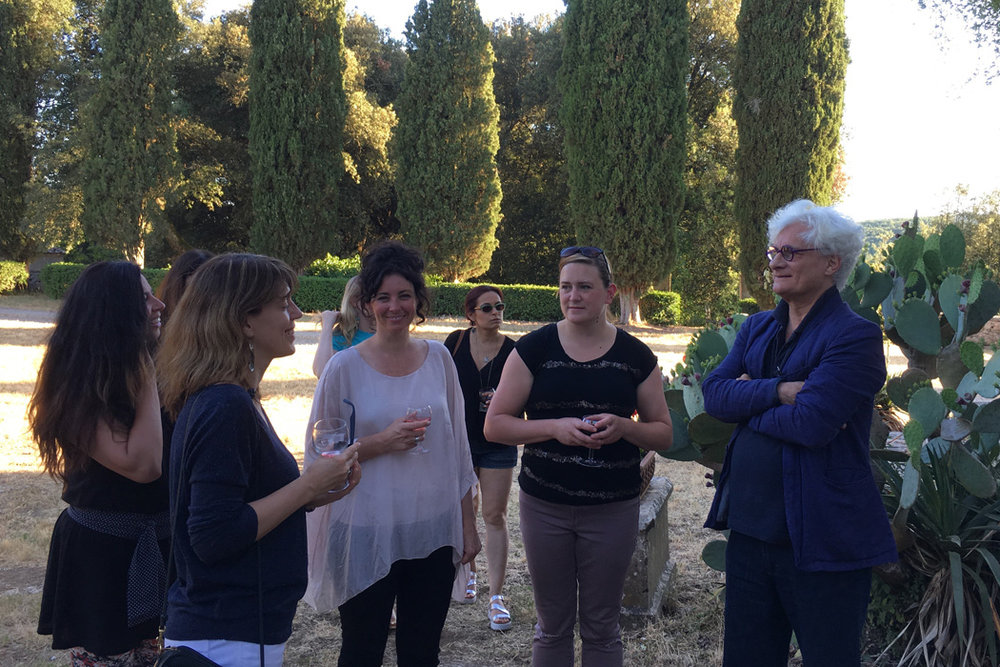 Bifo, Simonetta Moro, and IDSVA students conversing at Spannocchia, 2017 Photo Credit: Molly Davis