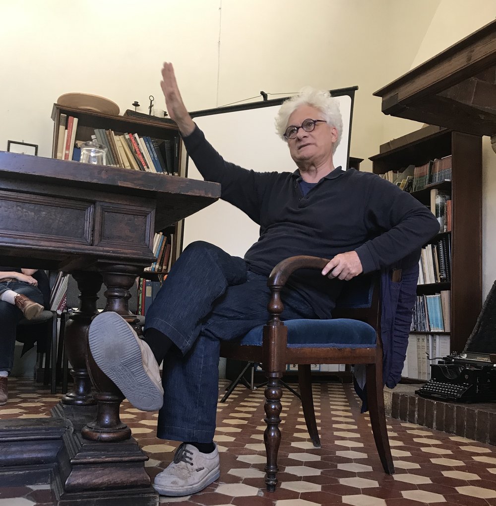 Franco ‘Bifo’ Berardi lecturing at Spannocchia, 2017  Photo Credit: Natalya Mayrena