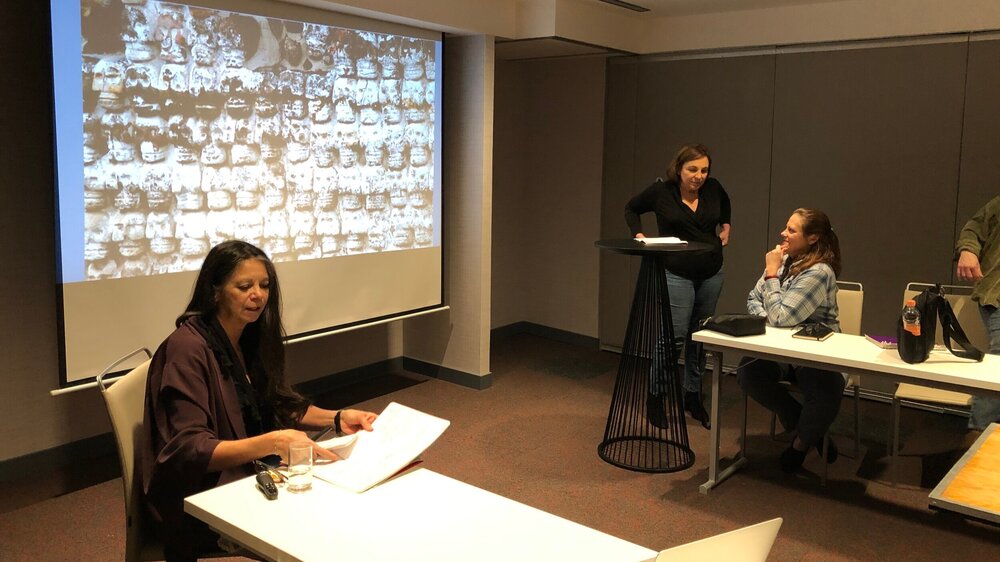 Carmen Boullosa (left) preparing for her lecture in Mexico City, January 2020. Photo by Simonetta Moro.