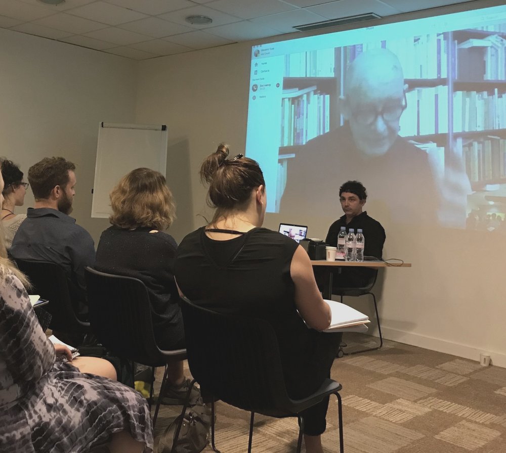 Visiting Faculty Dr. Jean-Luc Nancy (via Skype) and Dr. Giovanni Tusa, Paris 2018. Photo by Molly Davis
