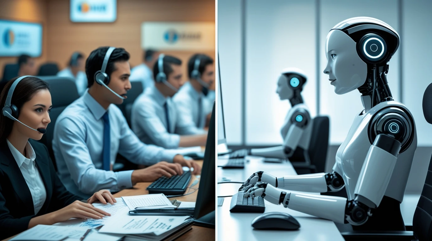 Side-by-side comparison of traditional call center vs. AI-powered system