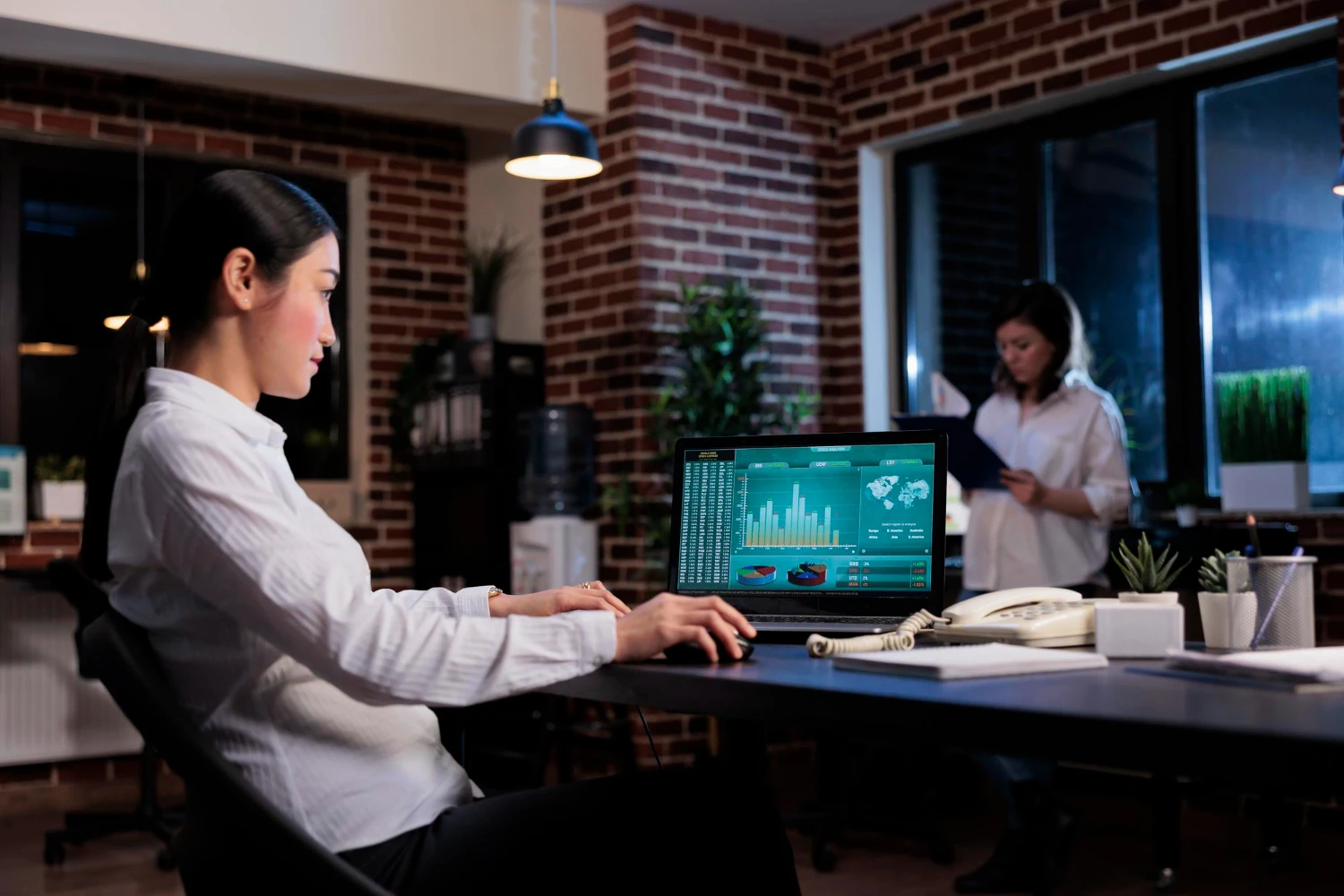 Split-screen showing busy human front desk vs. calm AI dashboard