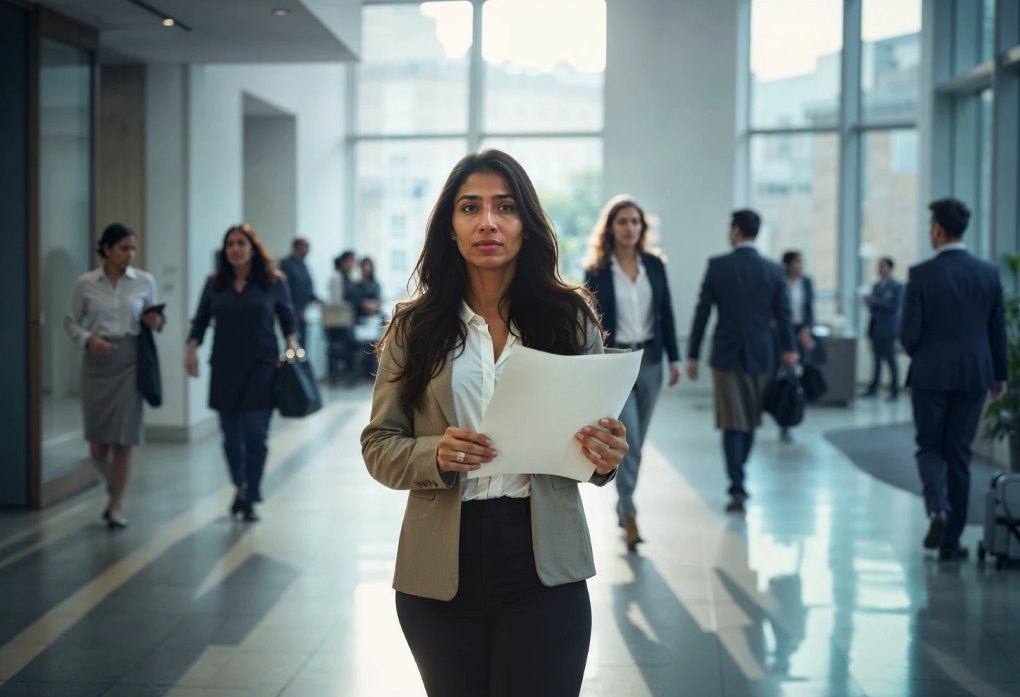 Confident businesswoman walking through an office lobby holding job application documents during a recruitment drive