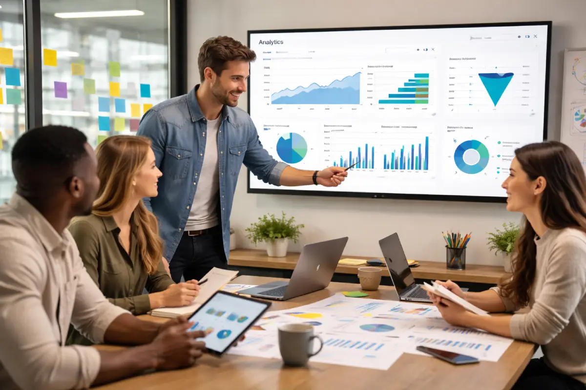 digital marketing strategy planning session with analytics dashboard