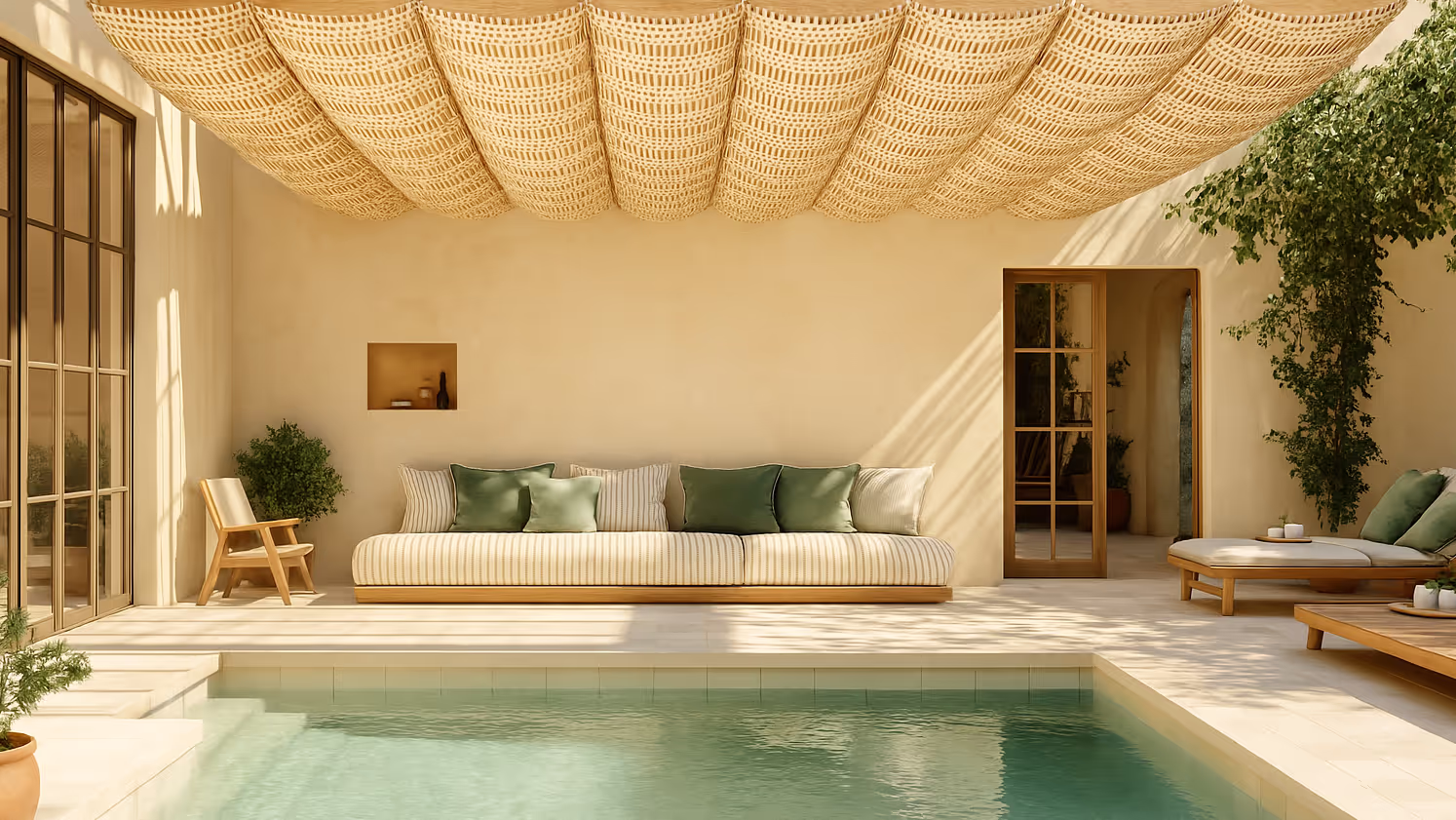 Living Alfresko lifestyle image with Roman blind in Walter G dash and dots fabric.