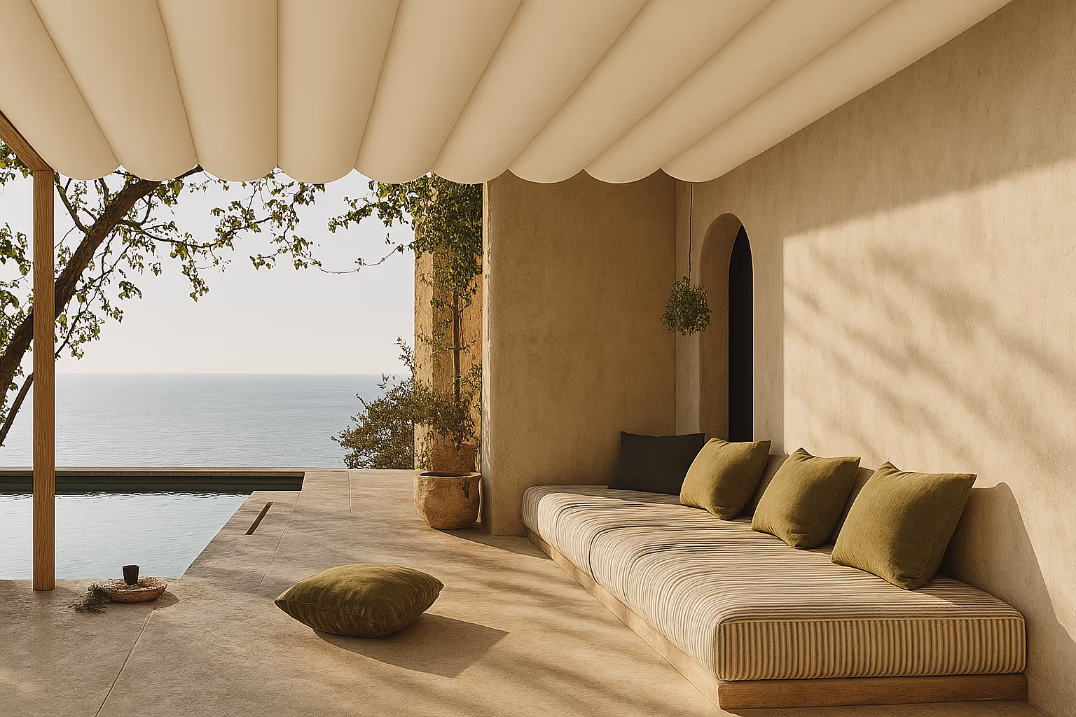 Living Alfresko relaxed lifestyle image with Roman Blind In Cream