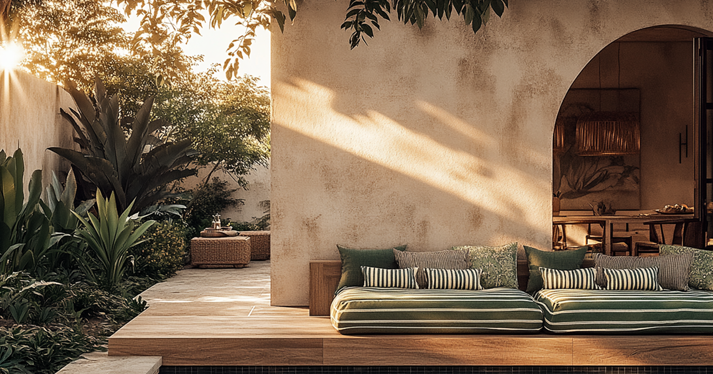 Calm garden terrace with low seating, warm light and textured greenery against a rendered wall.