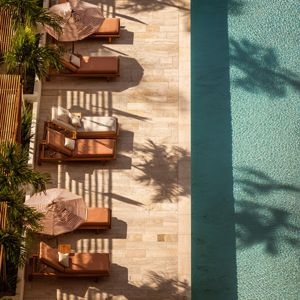 Sunlit poolside loungers and umbrellas casting soft shadows across sandstone paving.