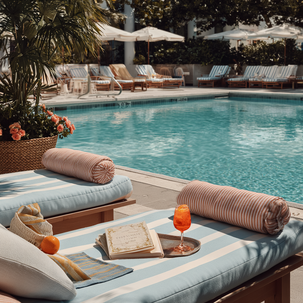 Sunlit poolside setting with striped loungers and soft blue water.