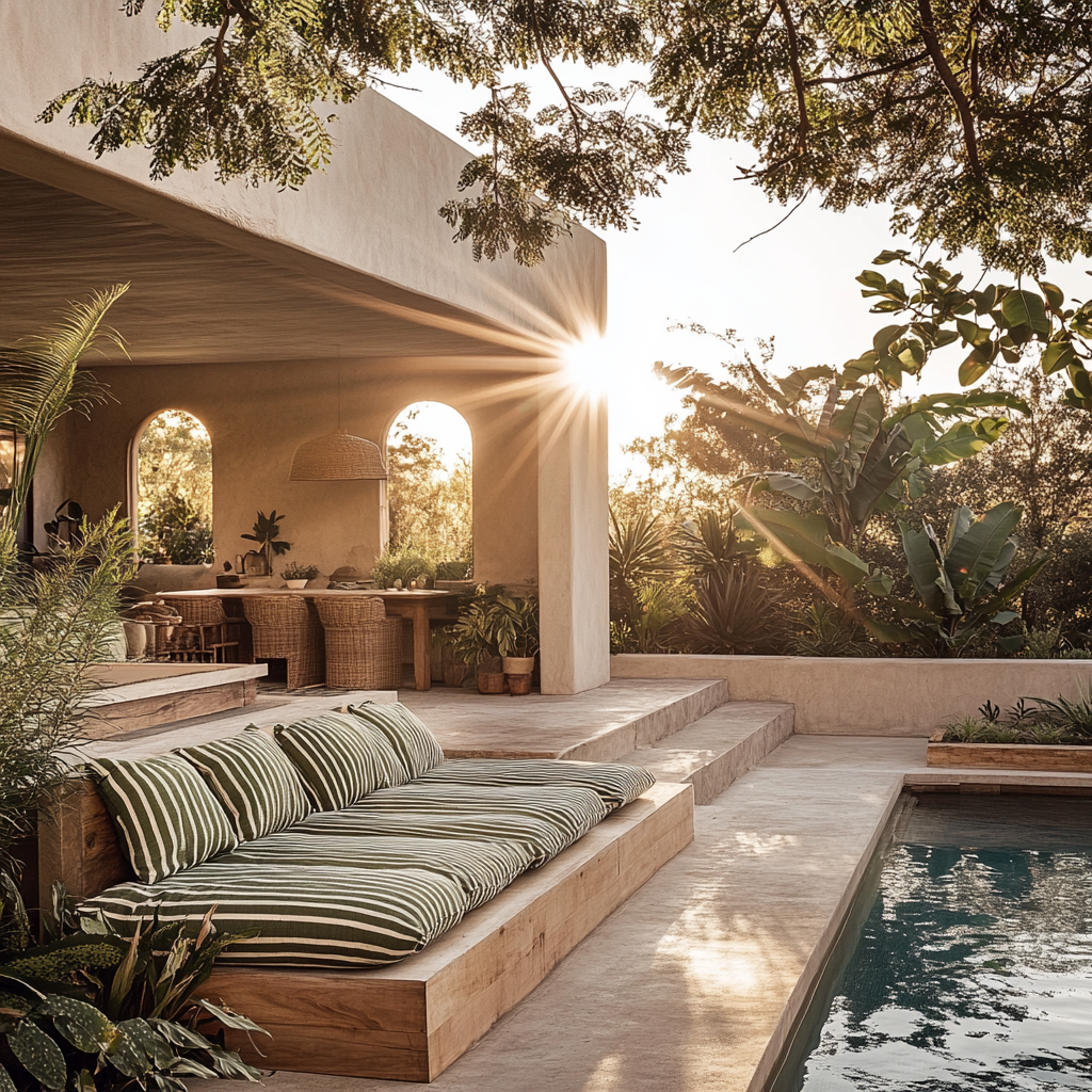 Soft afternoon light over a stone terrace with striped lounge cushions and a pool surrounded by greenery.