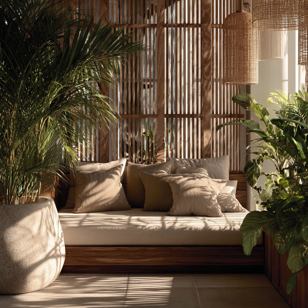 Calm outdoor seating framed by timber slats and leafy plants in filtered natural light.