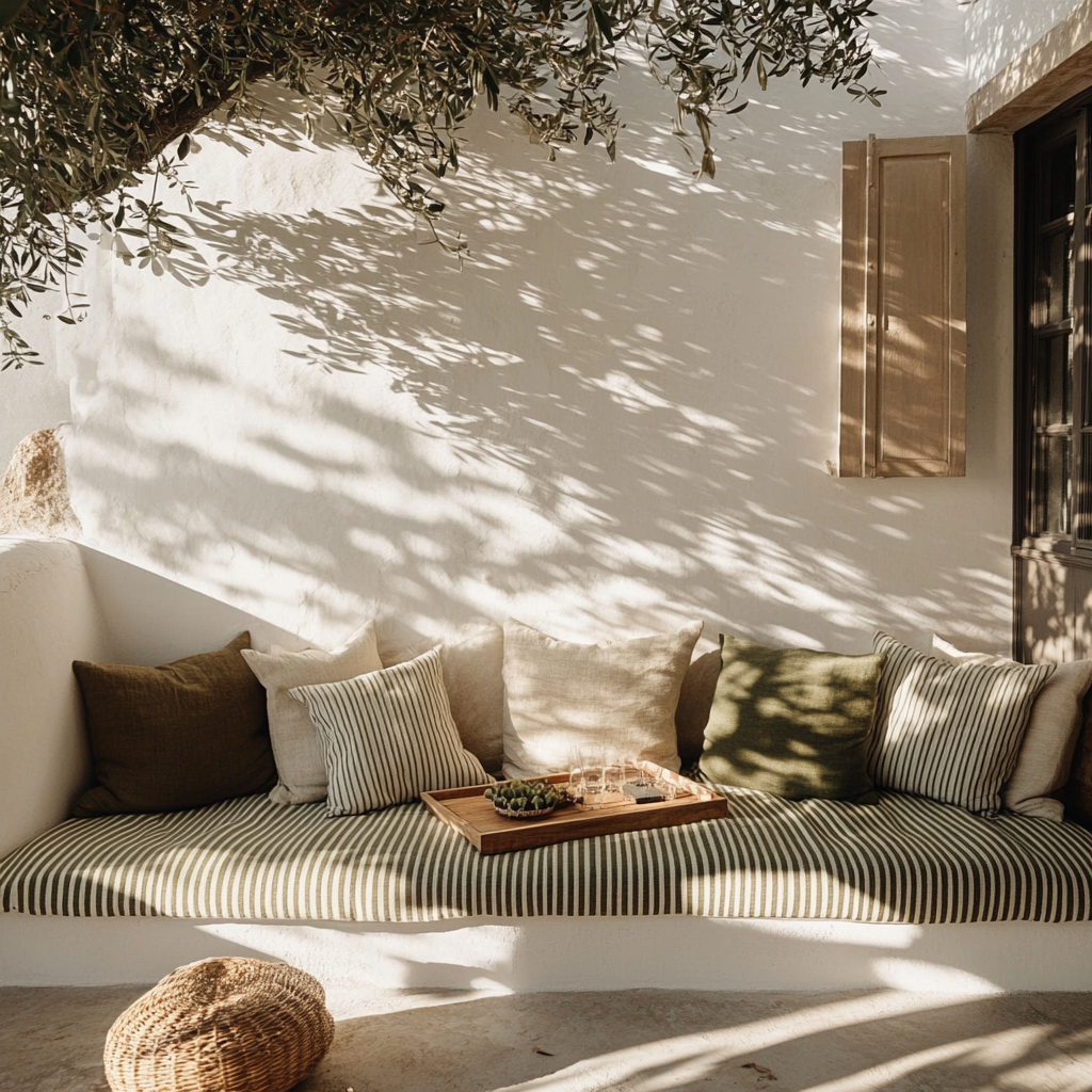 Poolside timber deck with textured cushions and round pillows in natural, earthy colours.