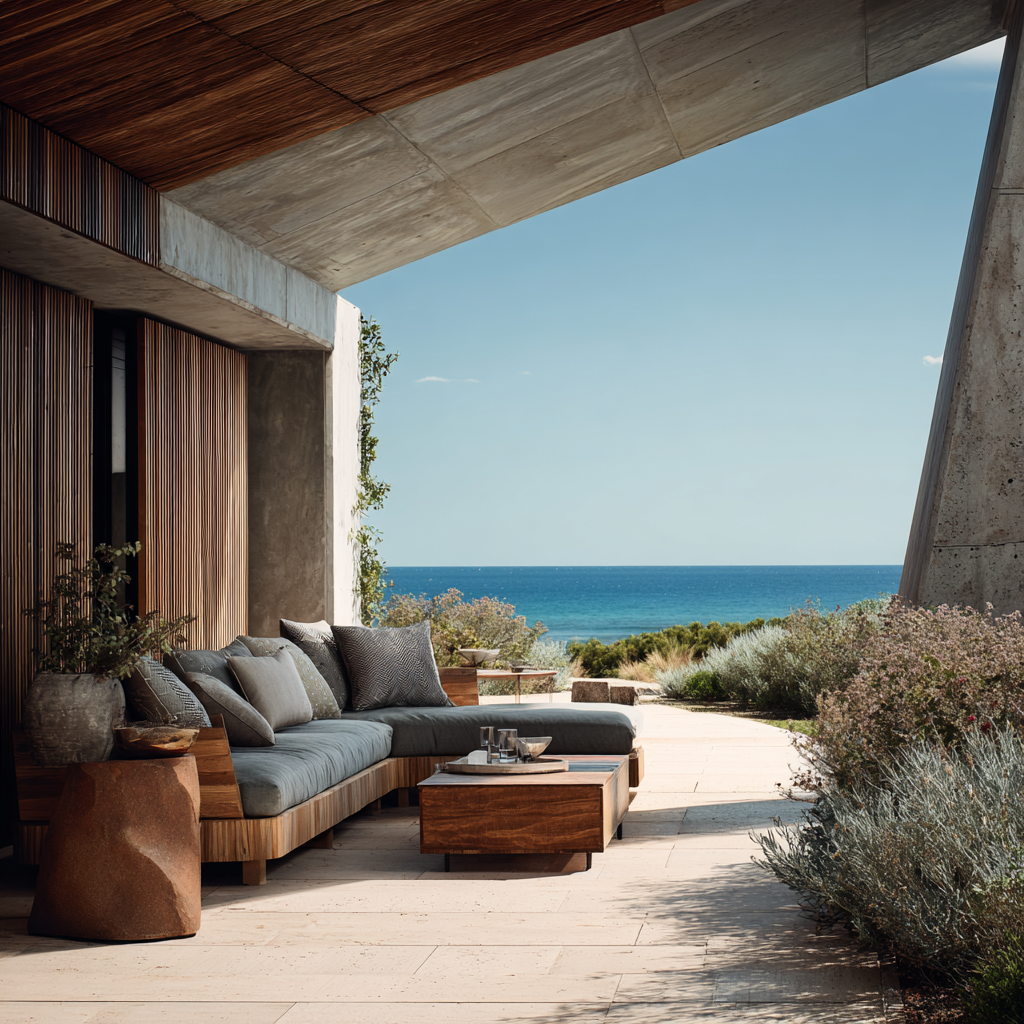 Modern alfresco space with textured outdoor seating and expansive water views.