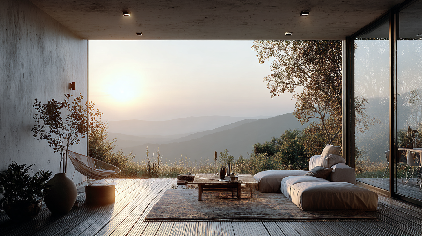 Open living space overlooking soft rolling hills with warm sunrise light and calm outdoor seating.