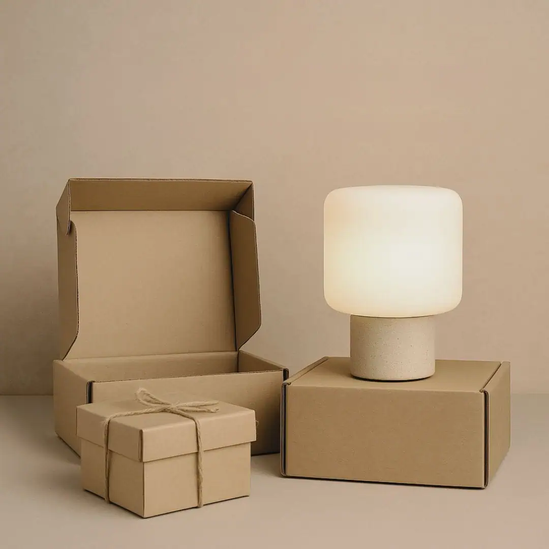 A lamp beside a plain box and a wrapped gift box, creating a cozy, inviting atmosphere.