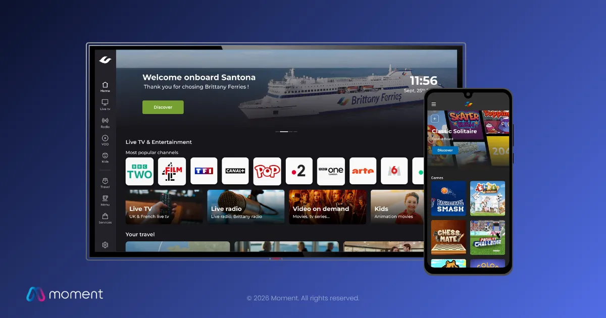 Ferry onboard entertainment system on Brittany Ferries: free VOD and live TV on cabin screens and passenger devices