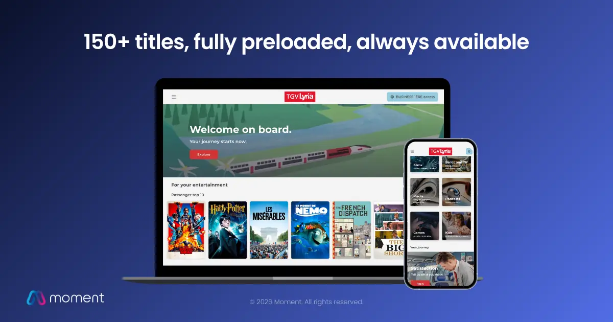 TGV Lyria onboard Wi-Fi portal by Moment showing preloaded offline entertainment library
