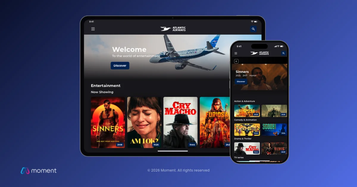 Atlantic Airways' Atlantic Connect entertainment platform on tablet and smartphone, built on Moment's Mood
