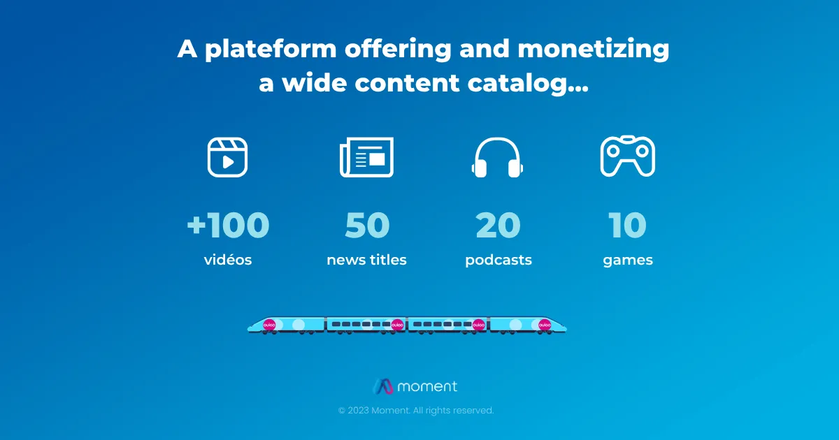 OUIGO Moment onboard platform: 100+ videos, 50 press titles, 20 podcasts, 10 games, deployed in 4 months
