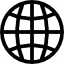 Black globe icon with latitude and longitude lines on a white background.