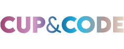 Logo with the text 'CUP & CODE' in gradient colors transitioning from purple to blue to brown.