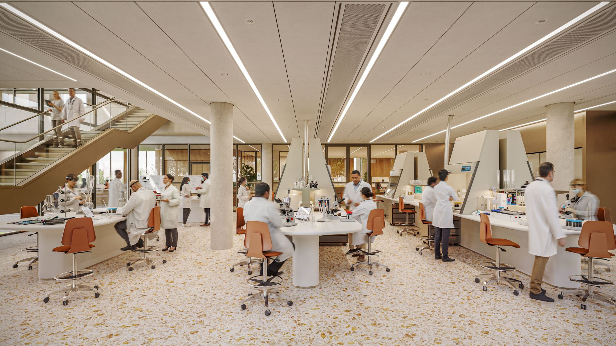 Researchers in white lab coats collaborate around round workstations in a bright, open-plan laboratory at the Ellison Institute, using microscopes and modern analytical equipment.